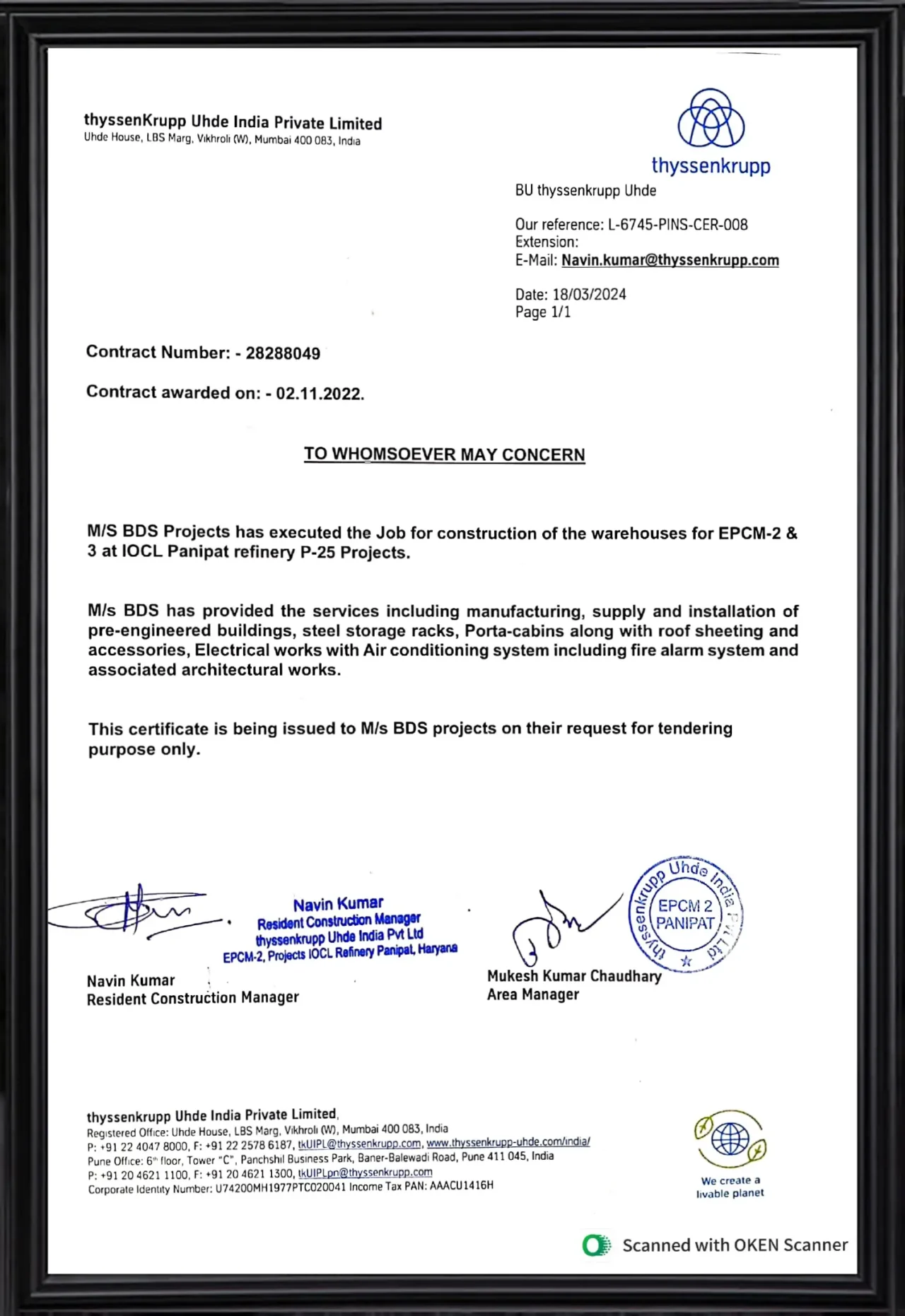 THYSSEN-LETTER-IOCL-PANIPAT-. THYSSEN-LETTER-IOCL-PANIPAT-.